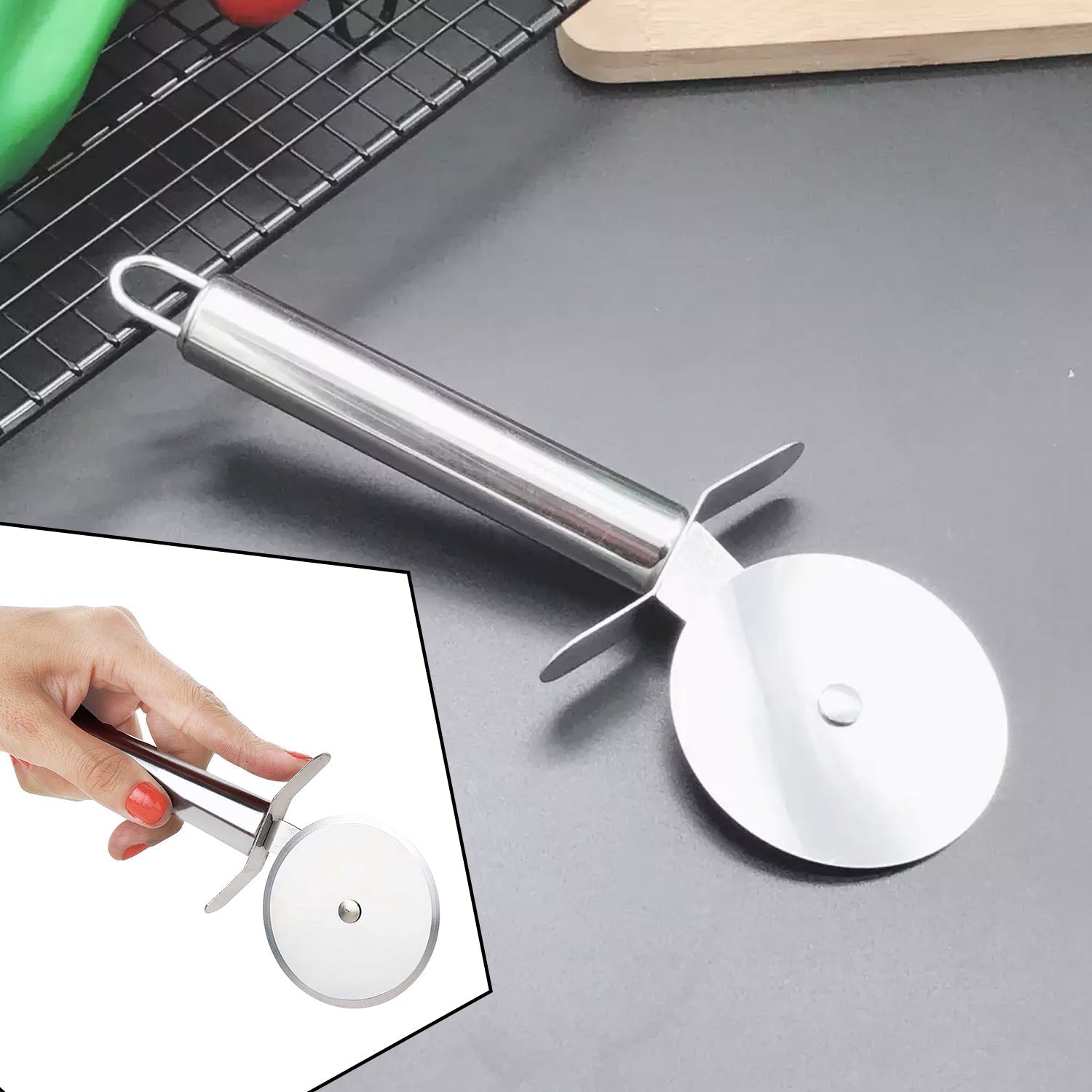 Stainless steel pizza and pastry cutter for kitchen use Stainless steel pizza and pastry cutter for kitchen use